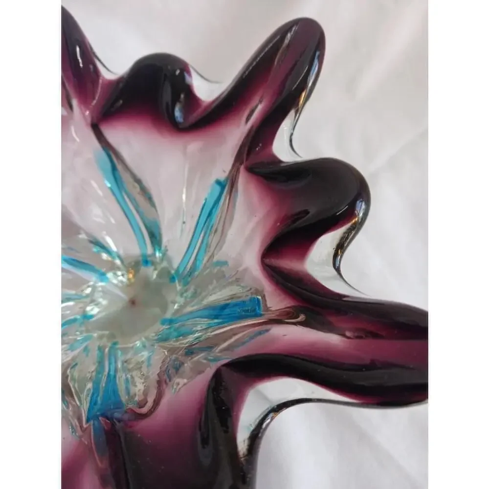 Murano Style Art Glass Footed Bowl Amethyst Turquoise